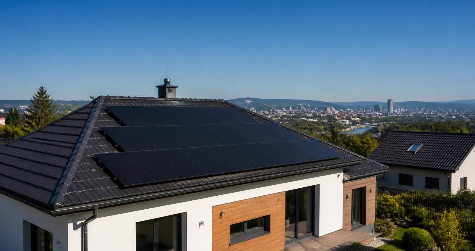 Rodinný dom s čiernymi fotovoltaickými panelmi na šikmej streche nad Bratislavou